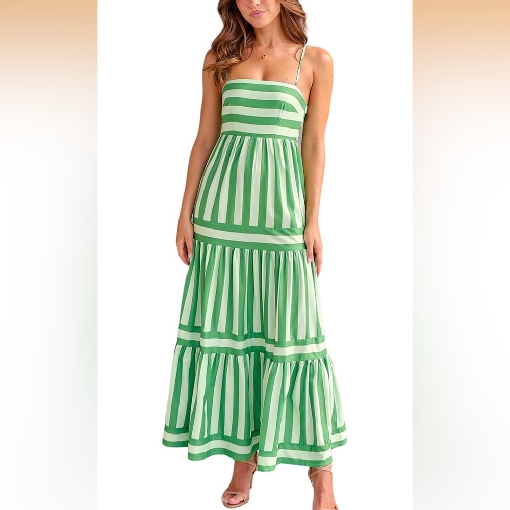 Green Striped Maxi Dress - Sleeveless Casual Summer